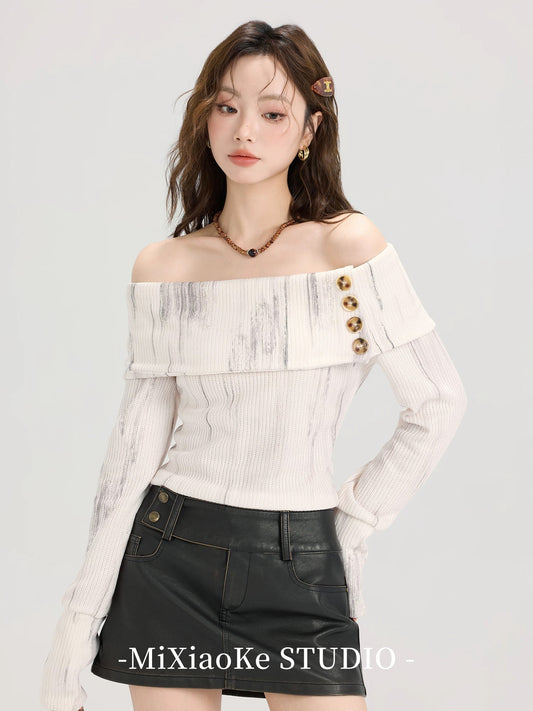 Mi Xiaoke French retro one-shoulder long-sleeved knitted sweater sweater for women autumn design small off-shoulder top