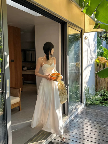 VENUIE White Fitted Waist Spaghetti Strap A-line Dress for Women, Spring Style, Simple High Waist V-neck Full Skirt Sleeveless Long Dress