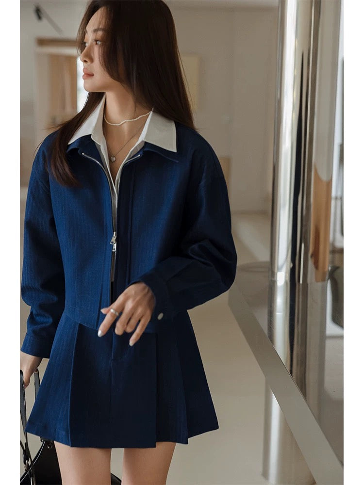 Princess Black Soft Denim Suit Women's 2024 New Small Retro Short Jacket Pleated Skirt