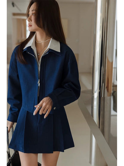 Princess Black Soft Denim Suit Women's 2024 New Small Retro Short Jacket Pleated Skirt