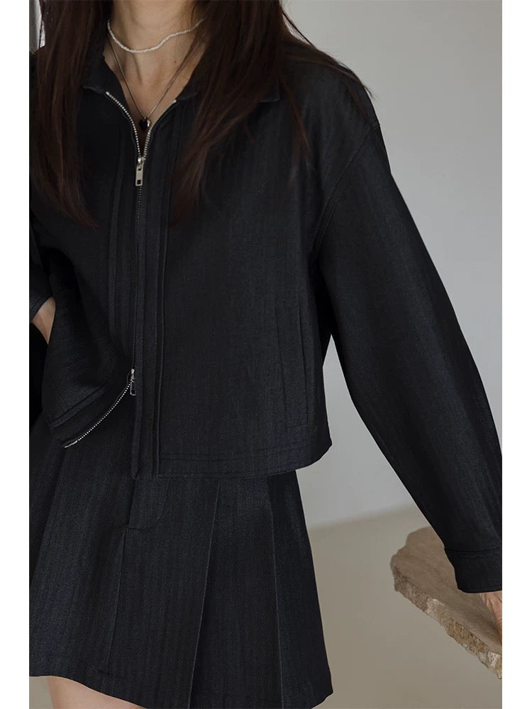 Princess Black Soft Denim Suit Women's 2024 New Small Retro Short Jacket Pleated Skirt