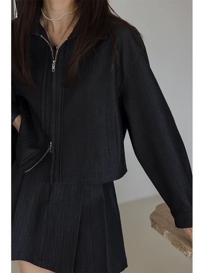 Princess Black Soft Denim Suit Women's 2024 New Small Retro Short Jacket Pleated Skirt