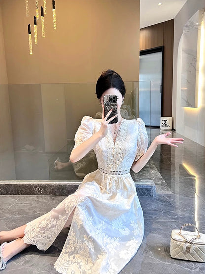 This year's popular 2025 new style women's summer long skirt elegant temperament lace puff sleeve white dress