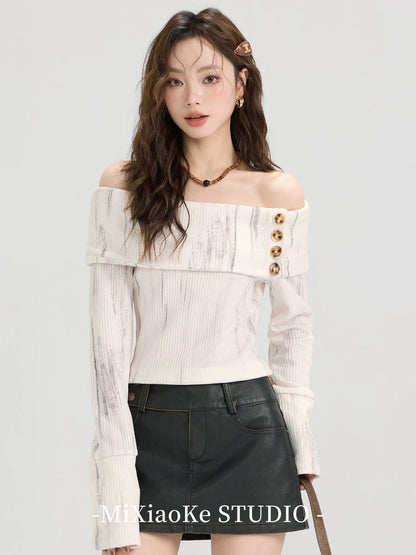 Mi Xiaoke French retro one-shoulder long-sleeved knitted sweater sweater for women autumn design small off-shoulder top