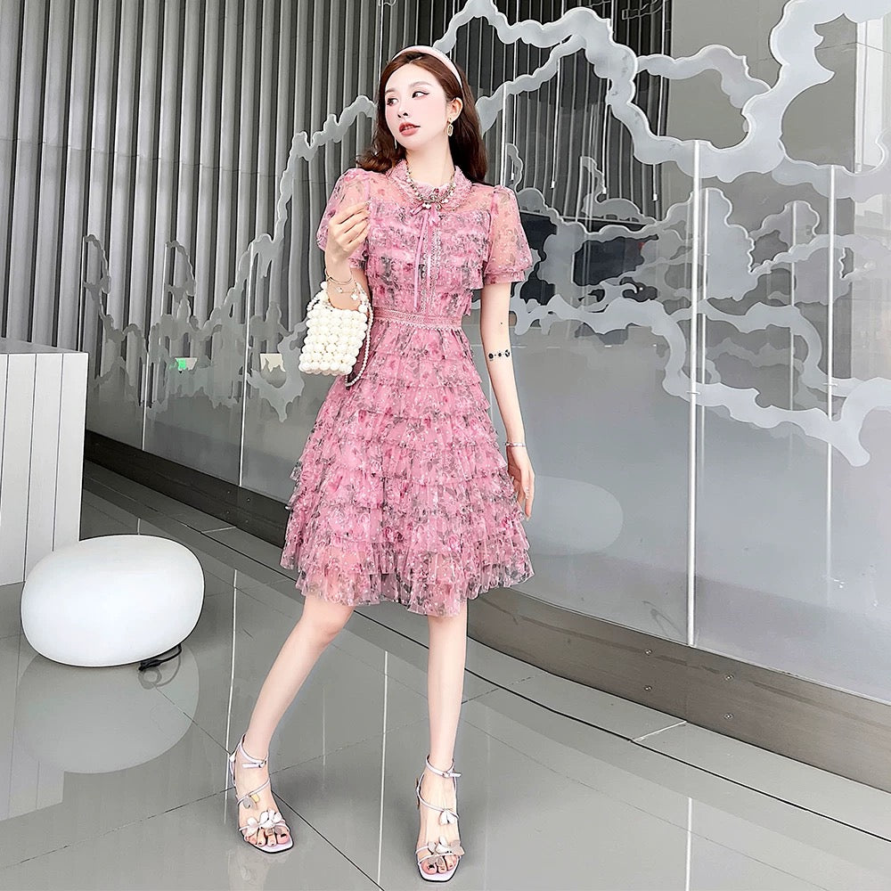 Special offer women's 2024 new mesh cake skirt female niche design high-end pink floral dress