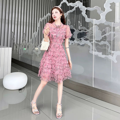 Special offer women's 2024 new mesh cake skirt female niche design high-end pink floral dress