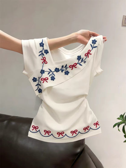 Unisex Summer Retro-Style Slim-Fit Off-Shoulder Short-Sleeve T-Shirt with White Floral Embroidery