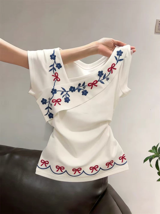 Unisex Summer Retro-Style Slim-Fit Off-Shoulder Short-Sleeve T-Shirt with White Floral Embroidery