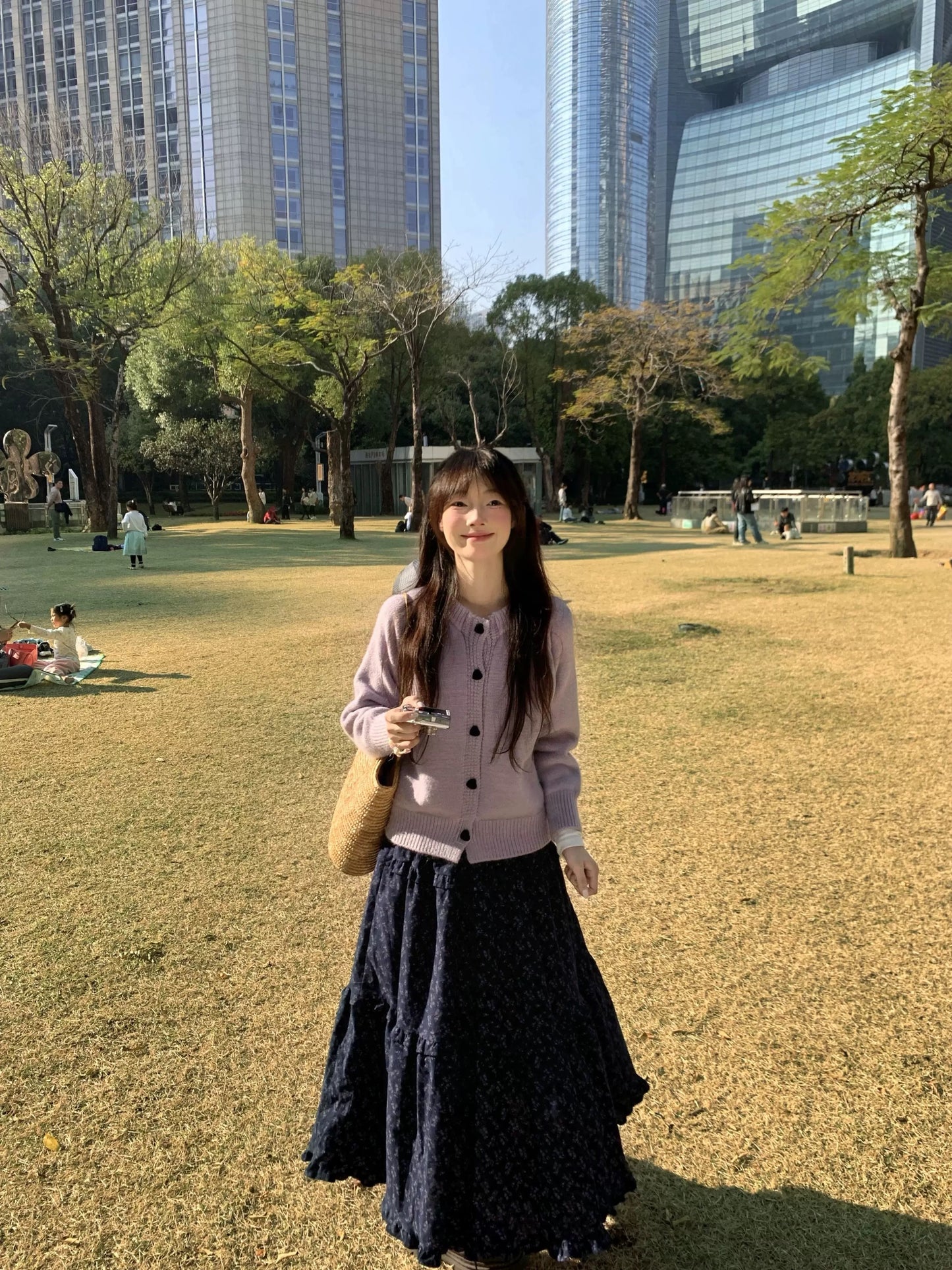 Korean style sweater coat knitted cardigan high waist beautiful floral maxi skirt autumn and winter two-piece suit