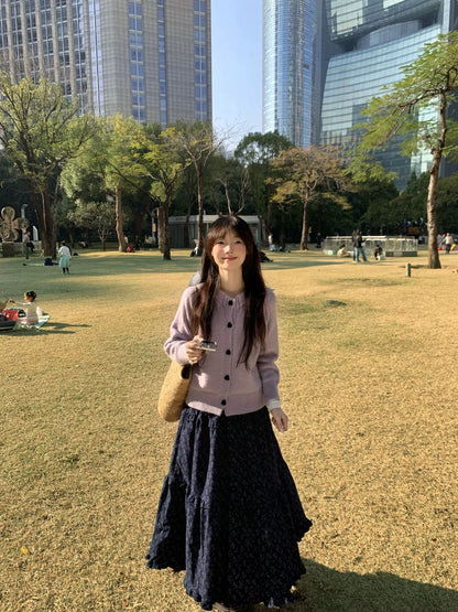 Korean style sweater coat knitted cardigan high waist beautiful floral maxi skirt autumn and winter two-piece suit