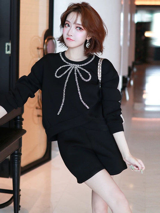 MIUCO heavy industry beaded diamond bow round neck space cotton sweatshirt + high waist shorts suit autumn [ready in stock]