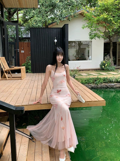 VENUIE light pink floral print mesh slip dress, gentle style, lace trim, slim A-line bodycon maxi skirt