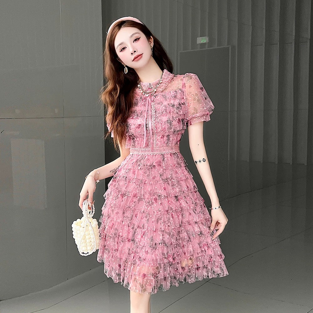 Special offer women's 2024 new mesh cake skirt female niche design high-end pink floral dress