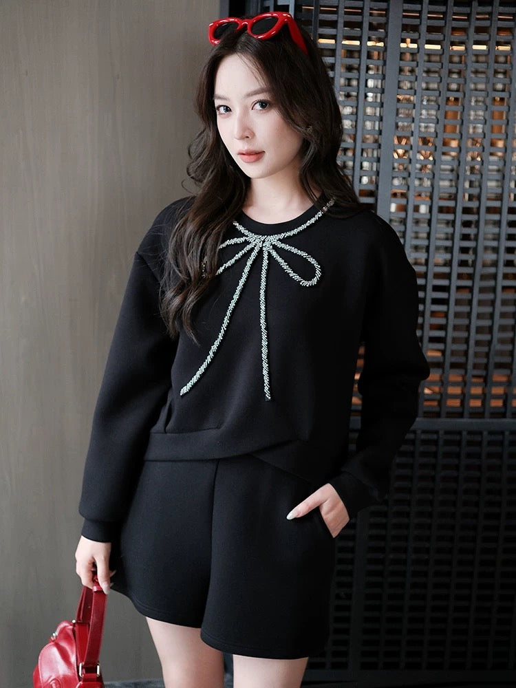 MIUCO heavy industry beaded diamond bow round neck space cotton sweatshirt + high waist shorts suit autumn [ready in stock]