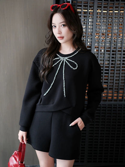 MIUCO heavy industry beaded diamond bow round neck space cotton sweatshirt + high waist shorts suit autumn [ready in stock]