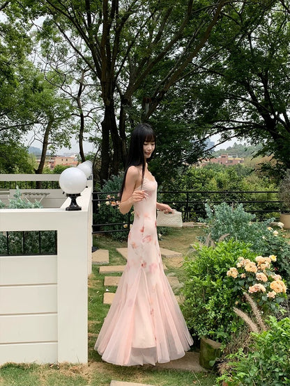 VENUIE light pink floral print mesh slip dress, gentle style, lace trim, slim A-line bodycon maxi skirt
