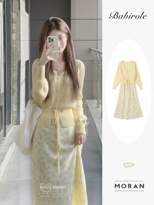 Korean style early autumn gentle style yellow knitted cardigan floral skirt suit female high-end temperament a complete set of wear