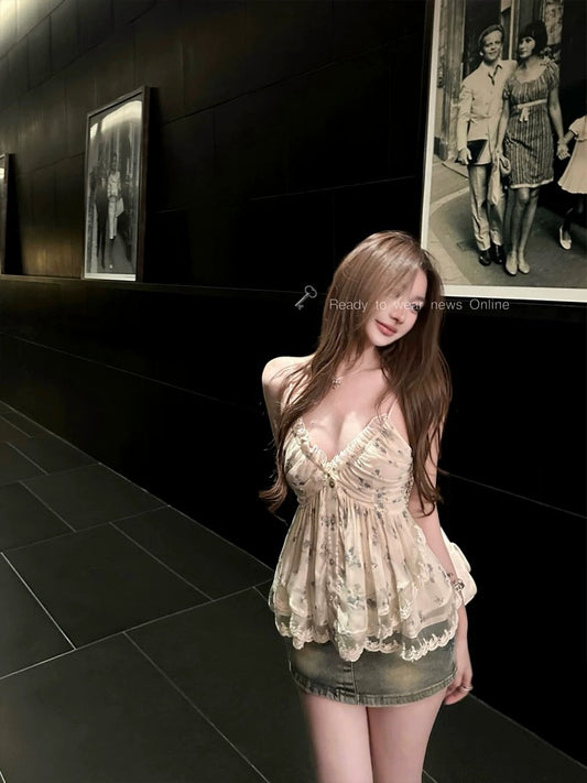 Che Chien - Pure and alluring V-neck chiffon top, summer sexy lace floral print camisole vest for women.