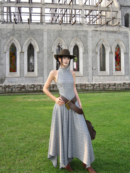 VENUIE Luxury Retro Stand Collar Plaid Halter Neck High-End Plaid Long Dress Sleeveless Irregular Hem Dress