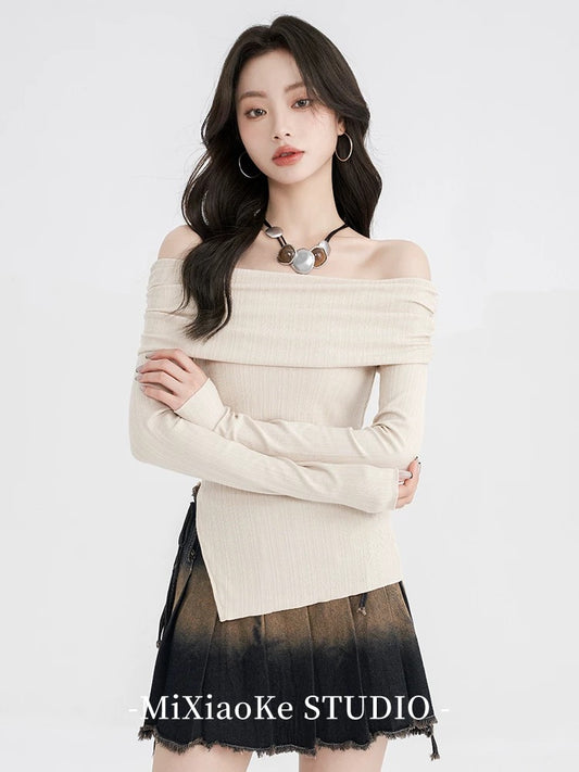 Mi Xiaoke French retro one-shoulder knit sweater sweater women's early autumn inner bottoming shirt hot girl top high-end feeling