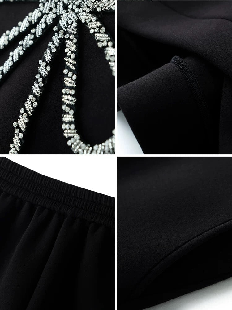 MIUCO heavy industry beaded diamond bow round neck space cotton sweatshirt + high waist shorts suit autumn [ready in stock]
