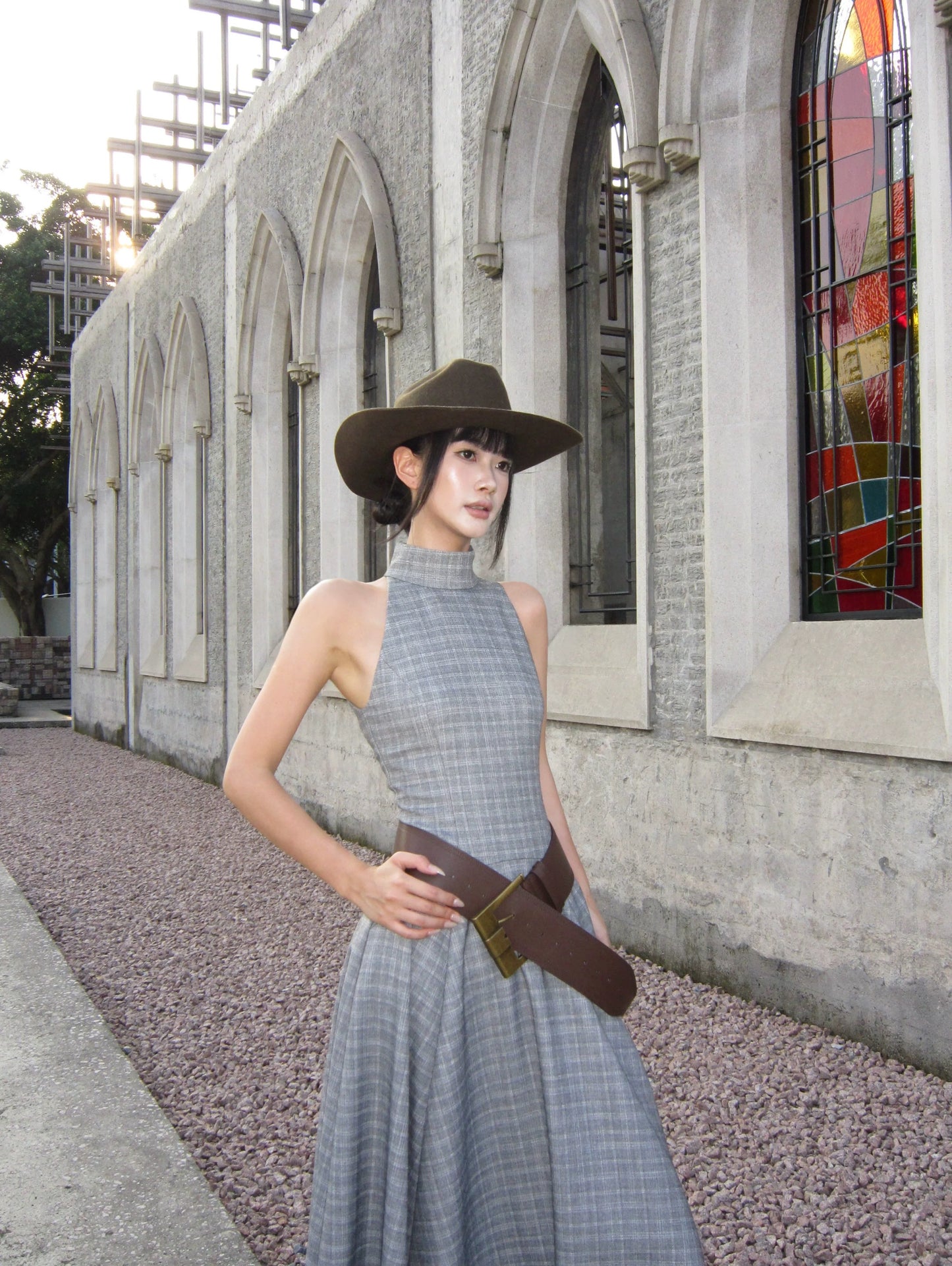 VENUIE Luxury Retro Stand Collar Plaid Halter Neck High-End Plaid Long Dress Sleeveless Irregular Hem Dress