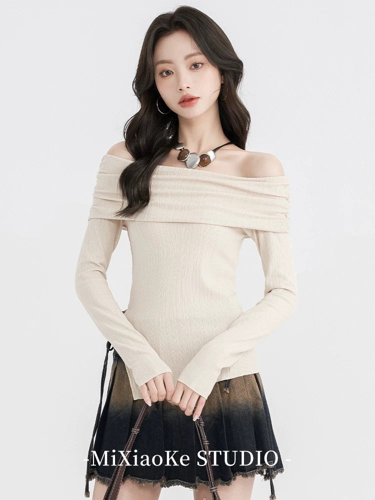 Mi Xiaoke French retro one-shoulder knit sweater sweater women's early autumn inner bottoming shirt hot girl top high-end feeling