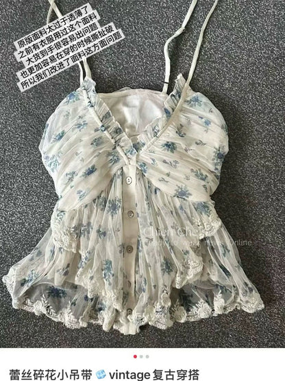 Che Chien - Pure and alluring V-neck chiffon top, summer sexy lace floral print camisole vest for women.