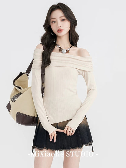 Mi Xiaoke French retro one-shoulder knit sweater sweater women's early autumn inner bottoming shirt hot girl top high-end feeling