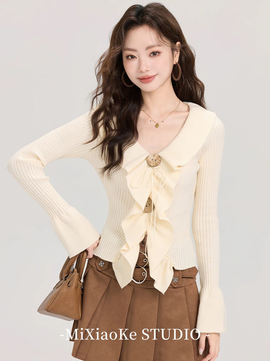 Mi Xiaoke French sweet ruffled V-neck sweater for women autumn and winter 2025 new irregular long-sleeved top