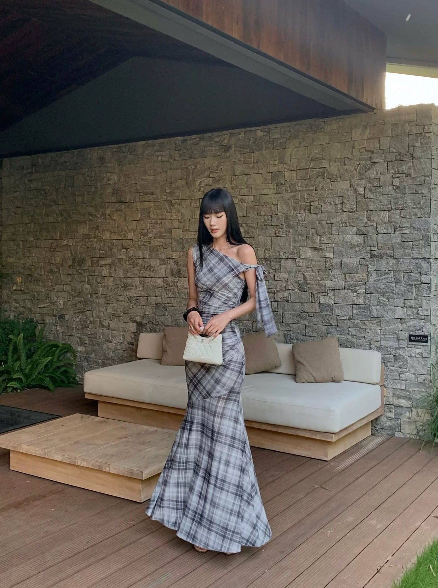 VENUIE Sexy Off-Shoulder Plaid French Style Long Dress with Slim Waist - Very Beautiful and Flattering for Summer