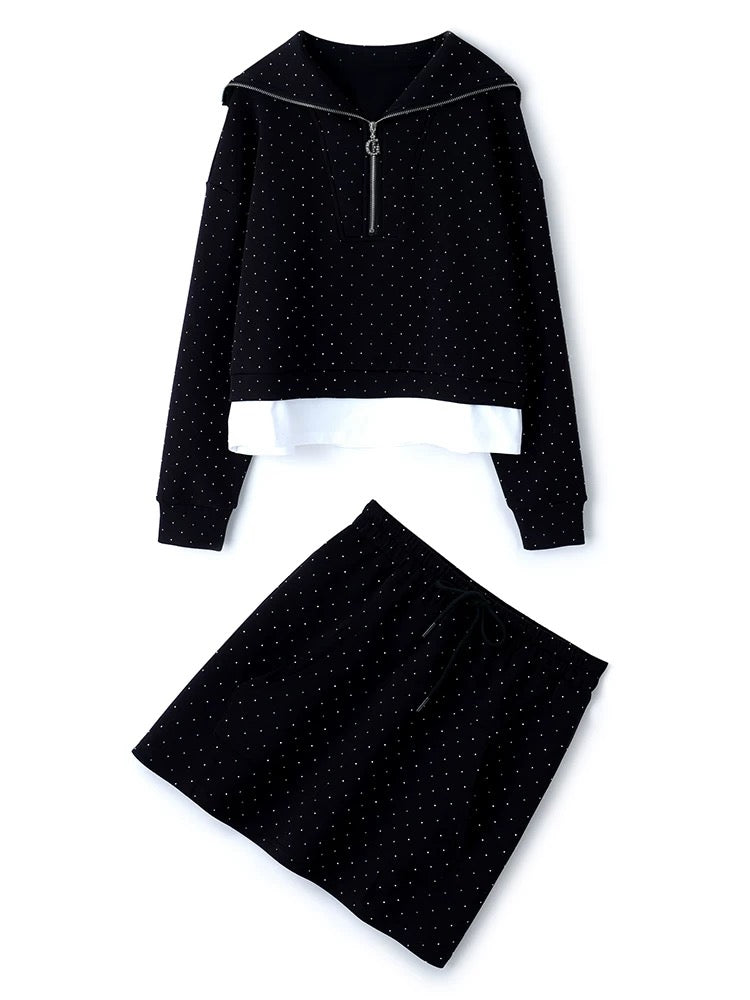 MIUCO Zipper Large Lapel Contrast Color Hem Heavy Industrial Hot Diamond Sweater + High Waist A-Line Skirt Suit