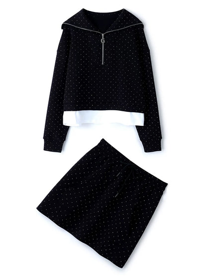 MIUCO Zipper Large Lapel Contrast Color Hem Heavy Industrial Hot Diamond Sweater + High Waist A-Line Skirt Suit