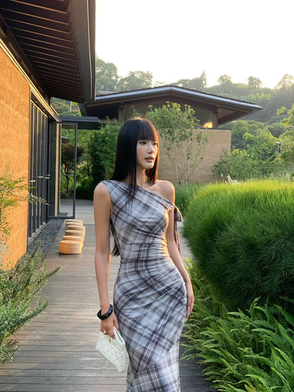 VENUIE Sexy Off-Shoulder Plaid French Style Long Dress with Slim Waist - Very Beautiful and Flattering for Summer