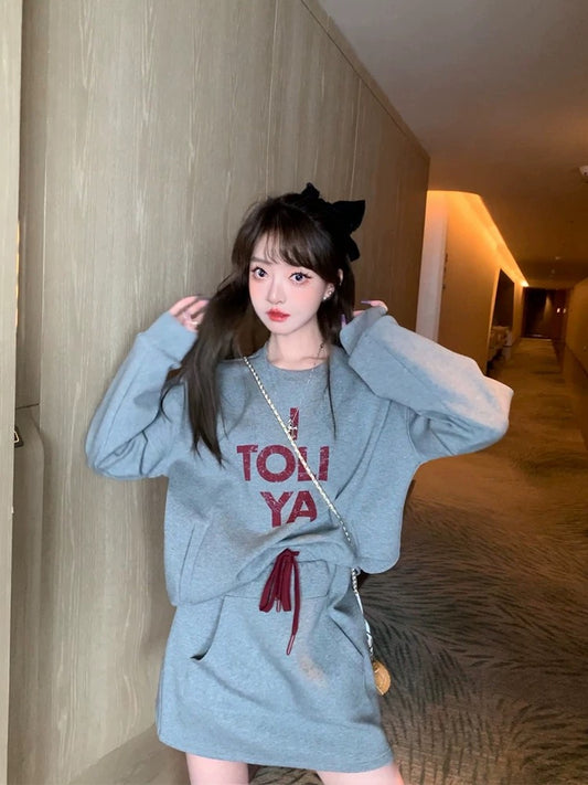 MIUCO simple casual style round neck letter print sweatshirt + slim skirt suit for women 2024 autumn and winter