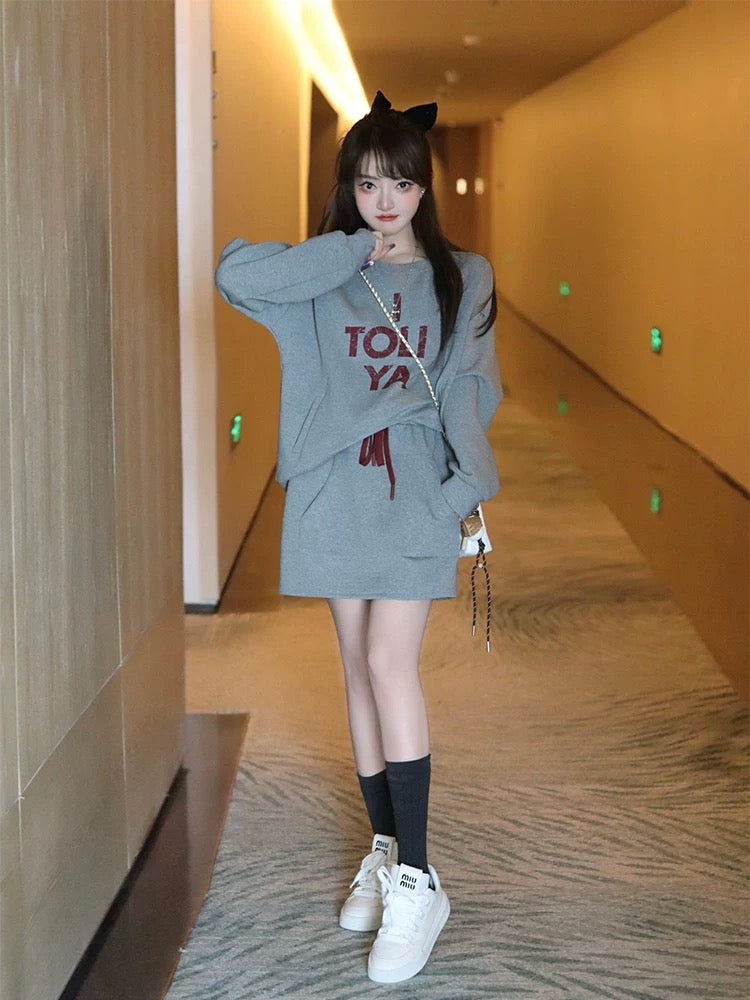 MIUCO simple casual style round neck letter print sweatshirt + slim skirt suit for women 2024 autumn and winter