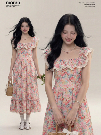 French retro oil painting floral square neck dress for women, slim fit, flattering for beach vacations, long dress with flutter sleeves, perfect for summer.