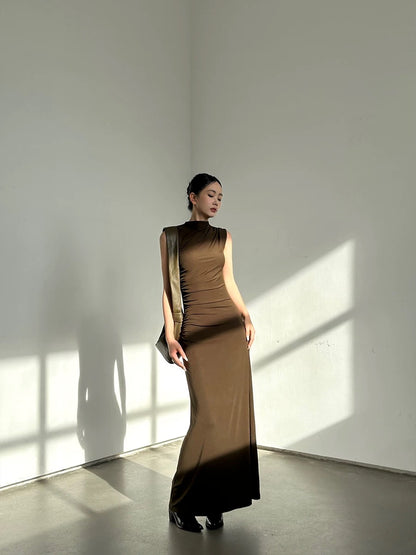 VENUIE Stand Collar Sleeveless Slim Fit Dress, Autumn Elegant Pleated High Neck Knit Bodycon A-line Long Skirt for Women