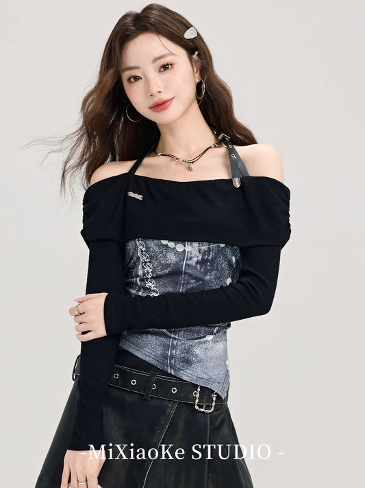 Mi Xiaoke design sense one shoulder irregular long sleeve T-shirt female autumn and winter print halter neck unique and exquisite top
