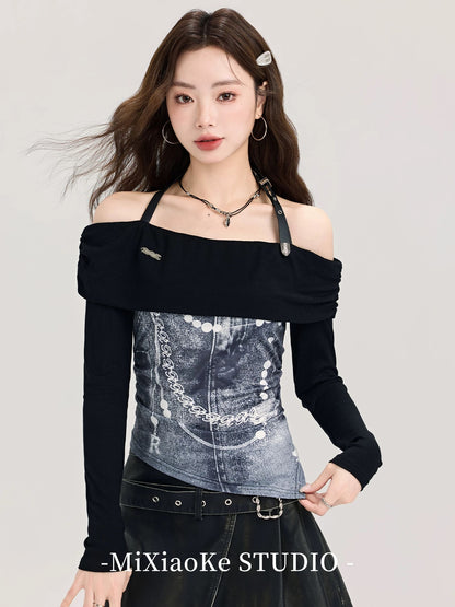 Mi Xiaoke design sense one shoulder irregular long sleeve T-shirt female autumn and winter print halter neck unique and exquisite top