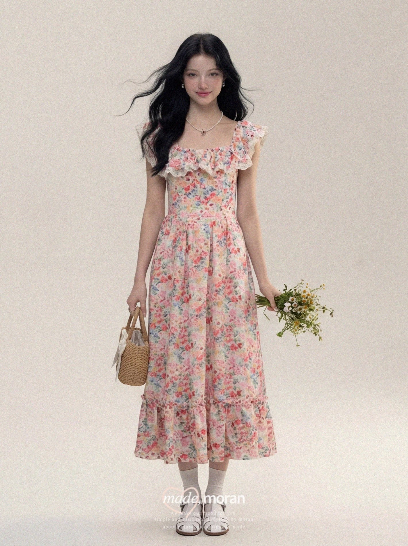 French retro oil painting floral square neck dress for women, slim fit, flattering for beach vacations, long dress with flutter sleeves, perfect for summer.