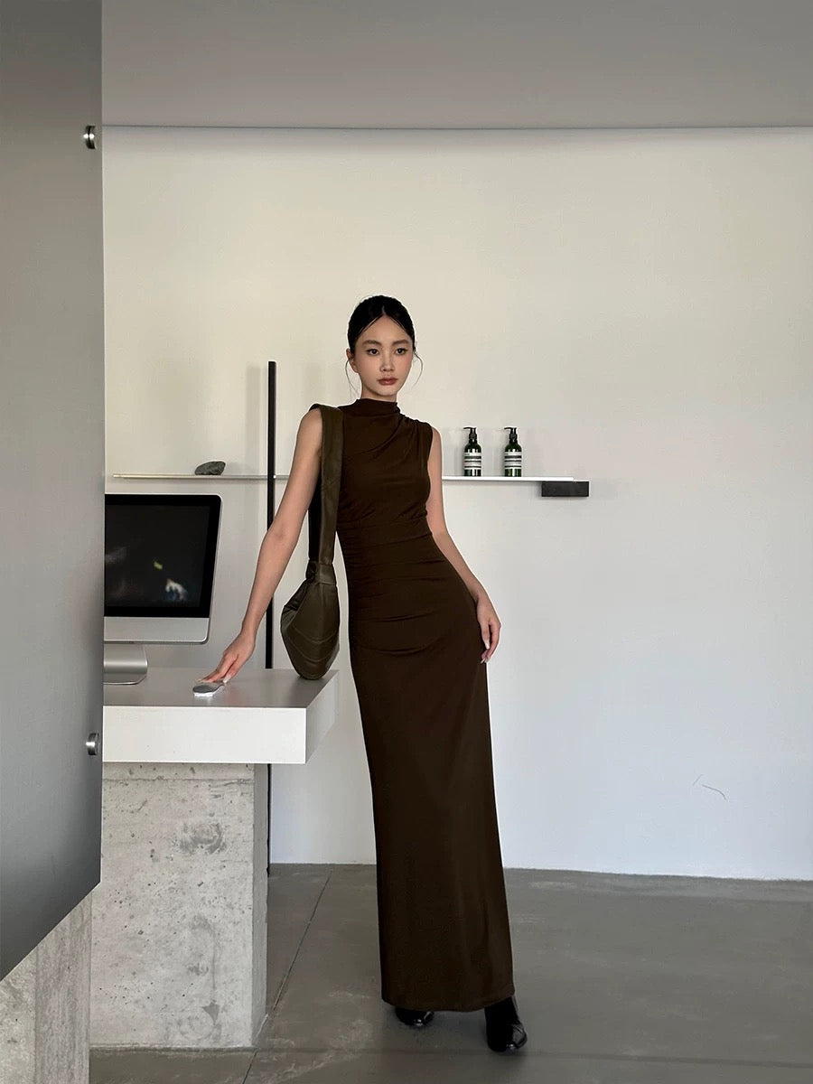 VENUIE Stand Collar Sleeveless Slim Fit Dress, Autumn Elegant Pleated High Neck Knit Bodycon A-line Long Skirt for Women