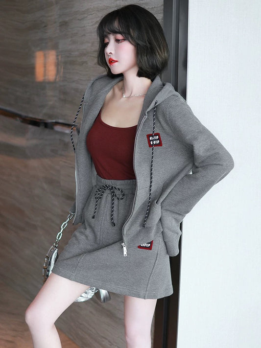 MIUCO hooded double zipper sweatshirt jacket + mini skirt gray casual suit [ready in stock]
