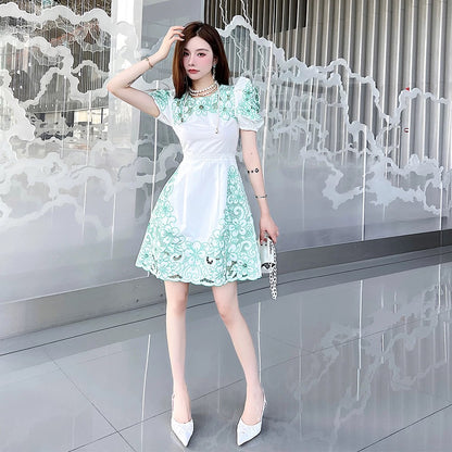 Summer 2025 new women's white A-line skirt temperament puff sleeves chic pure cotton high-grade embroidered dress