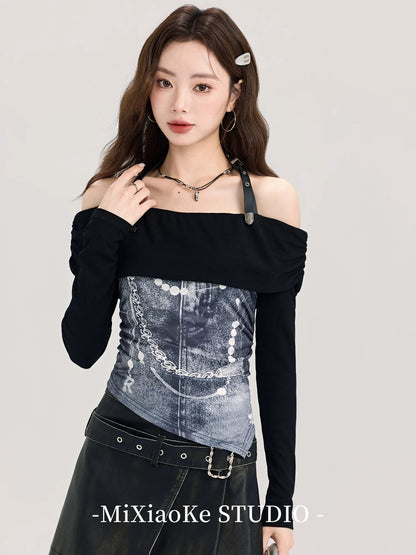 Mi Xiaoke design sense one shoulder irregular long sleeve T-shirt female autumn and winter print halter neck unique and exquisite top