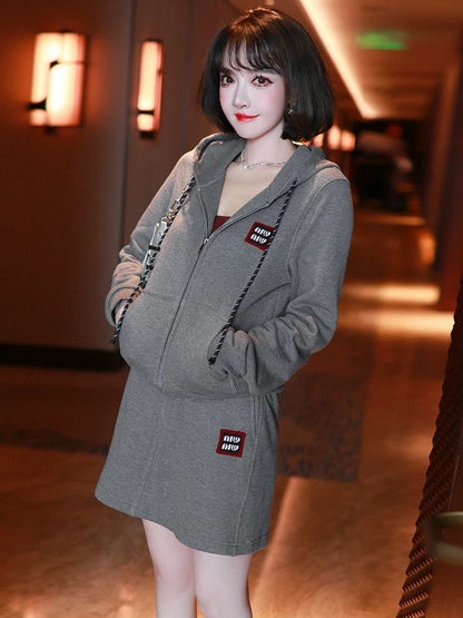 MIUCO hooded double zipper sweatshirt jacket + mini skirt gray casual suit [ready in stock]