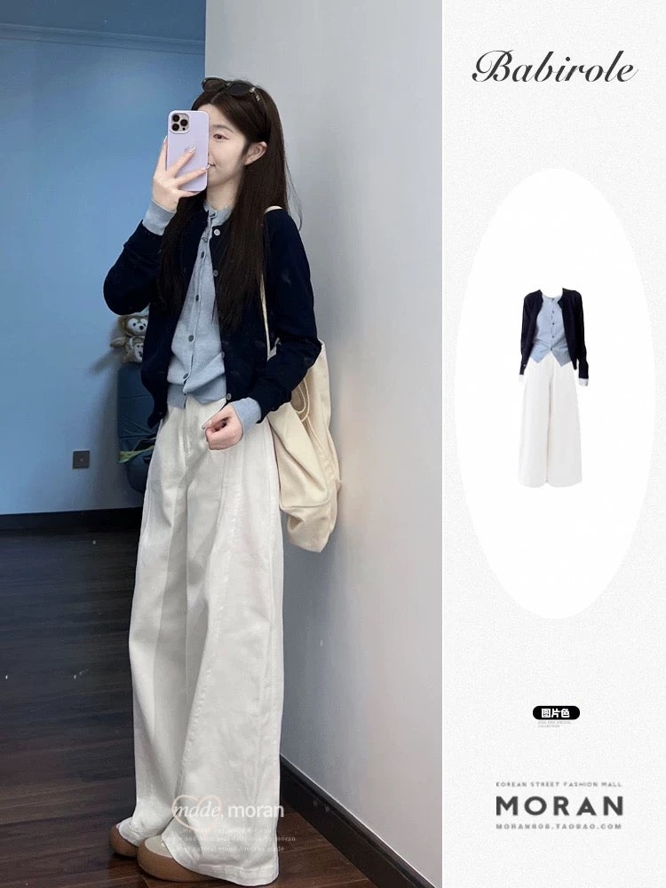 2025 Early Autumn Unique Super Good-looking Set Korean Style Fake Two-piece Knitted Cardigan Casual Pants Temperament A Complete Set