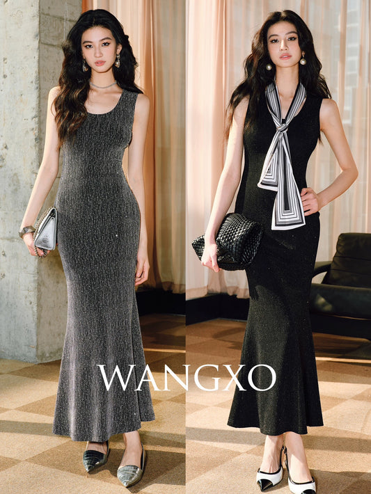 WANGXO｜Shining and dynamic battle robe｜Dazzling silk and starry sky rhinestones｜Slim-fitting fishtail sleeveless dress