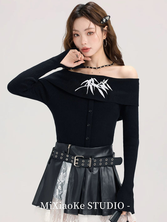 Mi Xiaoke's new Chinese style black one-shoulder knit sweater sweater for women autumn design slim-fitting off-shoulder top