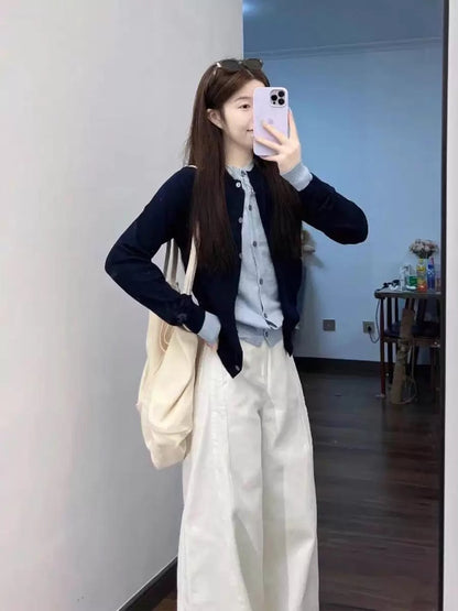2025 Early Autumn Unique Super Good-looking Set Korean Style Fake Two-piece Knitted Cardigan Casual Pants Temperament A Complete Set
